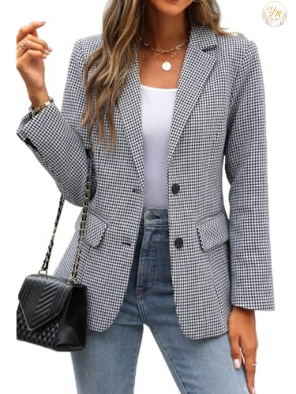 Women's Business Casual Plaid Blazer Suit Jacket with Padded Shoulders